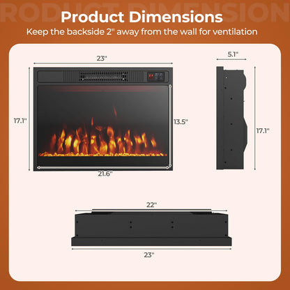 23 Inches Electric Fireplace Insert 750W/1500W Fireplace Heater with Remote Control