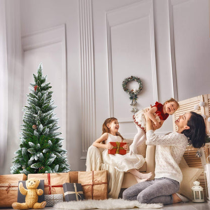 5FT Artificial Snow Flocked Pencil Christmas Tree Slim X-mas Tree with 421 Branch Tips