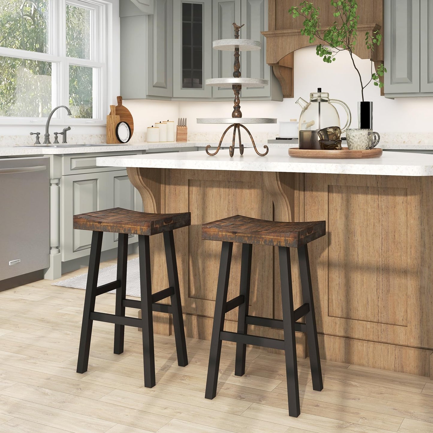Wooden Saddle Stools Set of 2/4 29-inch Bar Height Stools