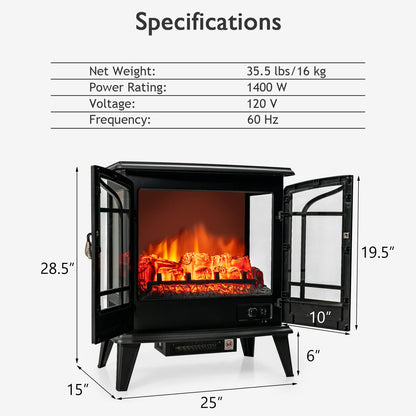 25 Inches Electric Fireplace Stove, 1400 W Freestanding Fireplace Heater, Indoor Electric Stove Heater