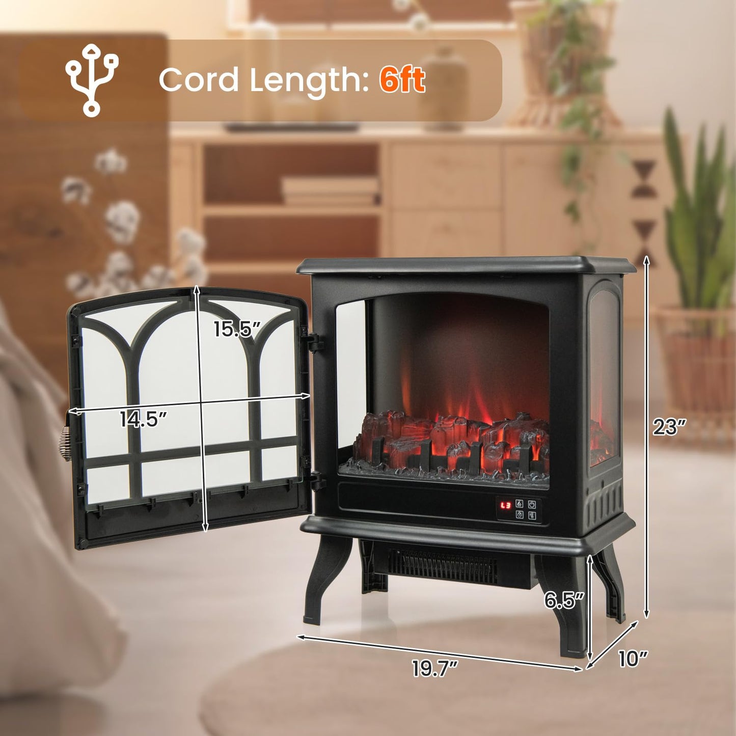 Electric Fireplace Stove with 3-Sided View, Remote Control, 1400W Portable Freestanding Heater with Thermostat
