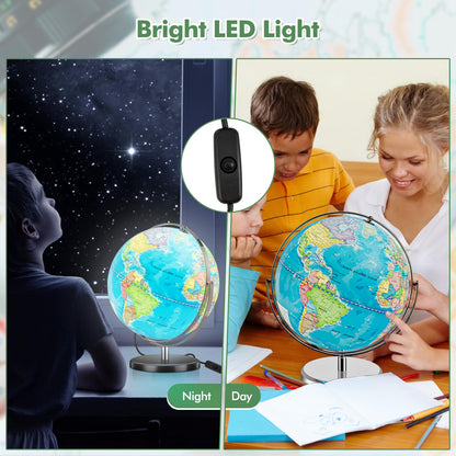 Illuminated World Globe 13” Desktop Geographic Globe w/LED Light & Easy-to-Read Clear Map for Students