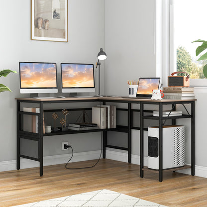 L Shaped Desk with Charging Station 55” Reversible Corner Computer Desk with Mesh Storage Shelves