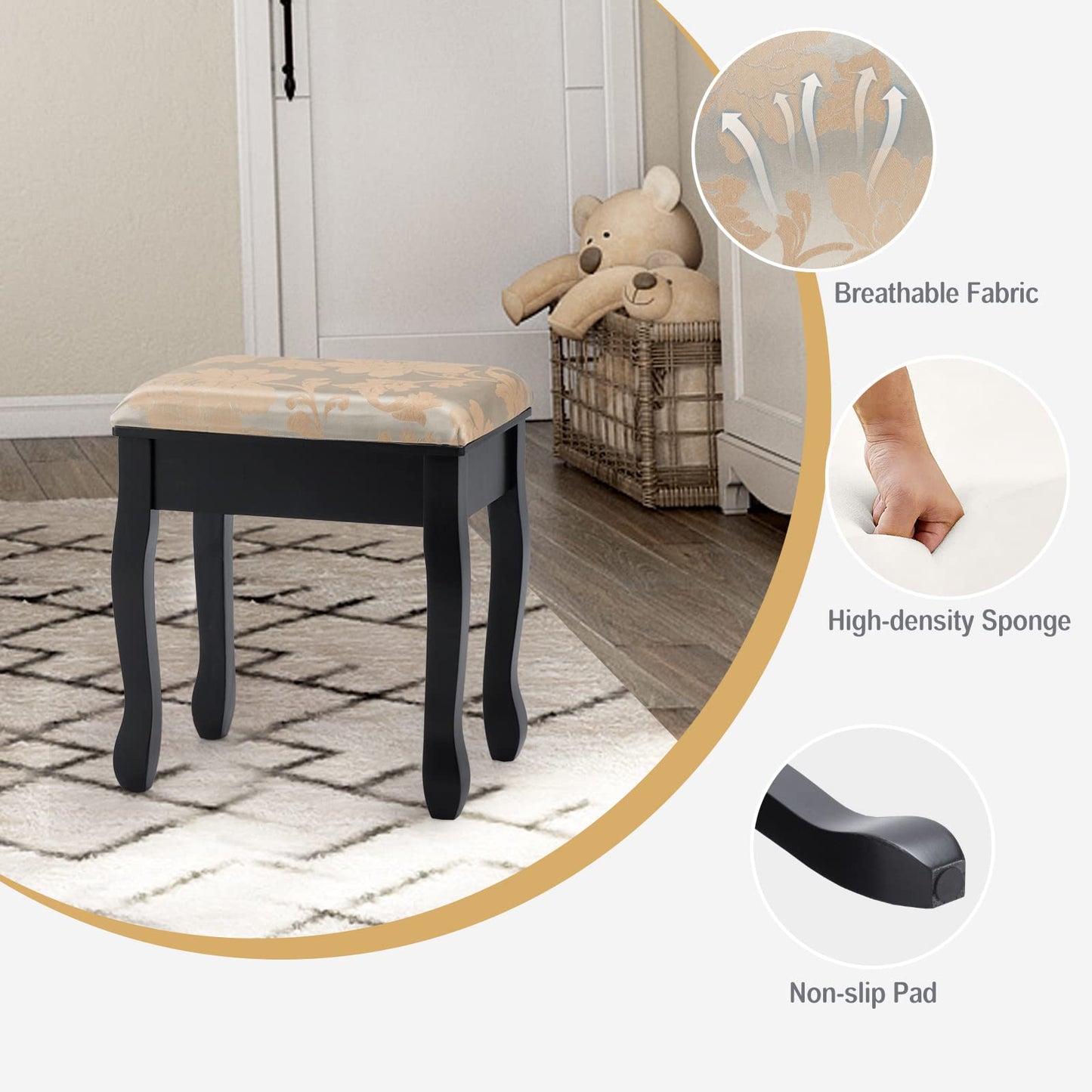 Vanity Desk and Cushioned Stool Set with 5 Storage Drawers