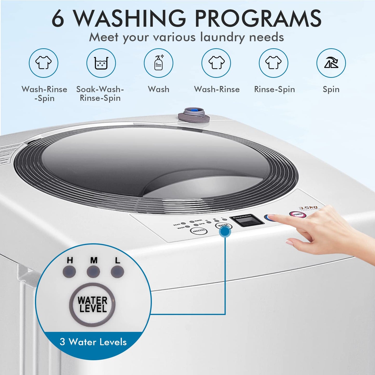 Portable Washing Machine 8Lbs Capacity Full-automatic Washer with 6 Wash Programs
