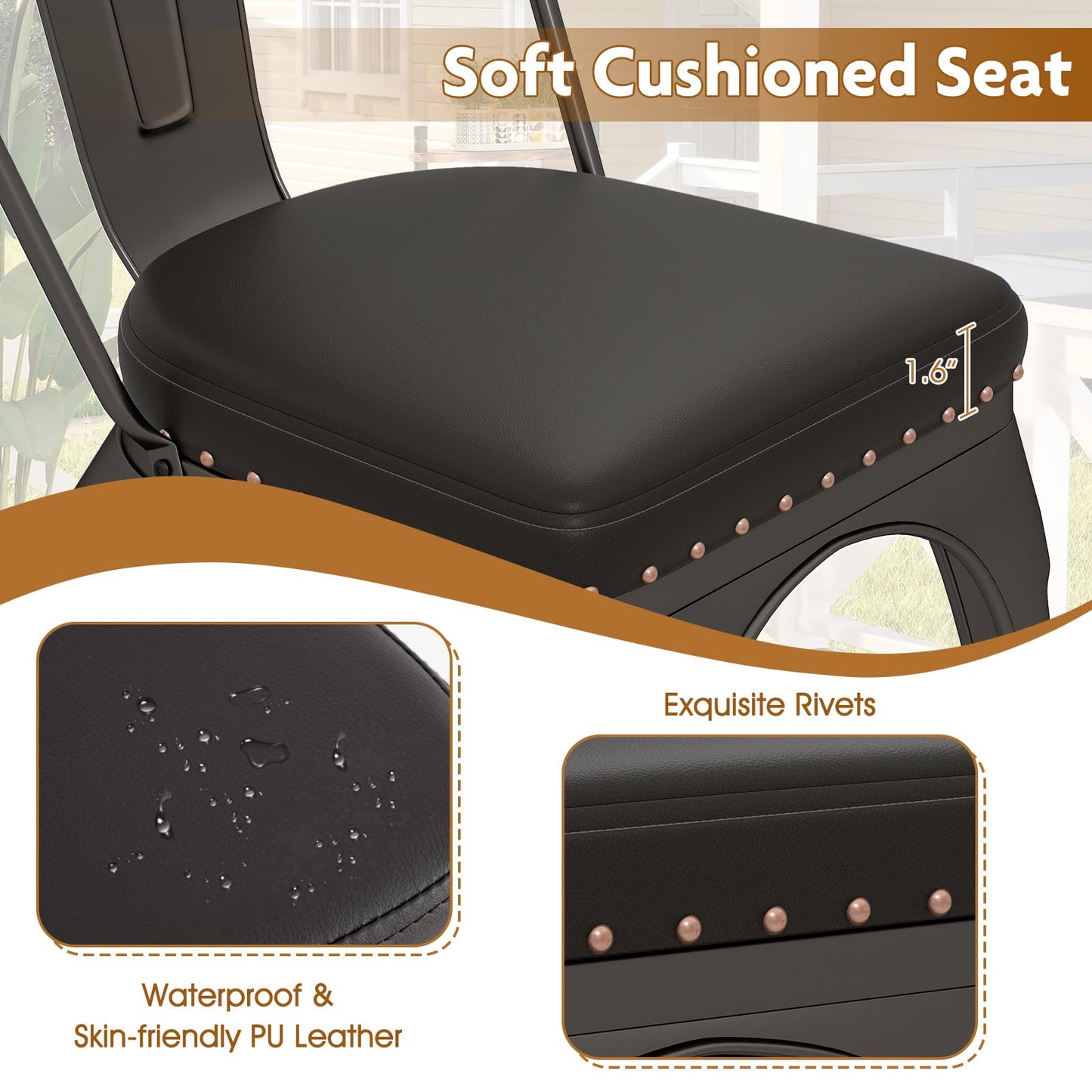 18.5 Inch Stackable Industrial Kitchen Tolix Side Chairs with PU Leather Cushions and Detachable High Back for Dining Room