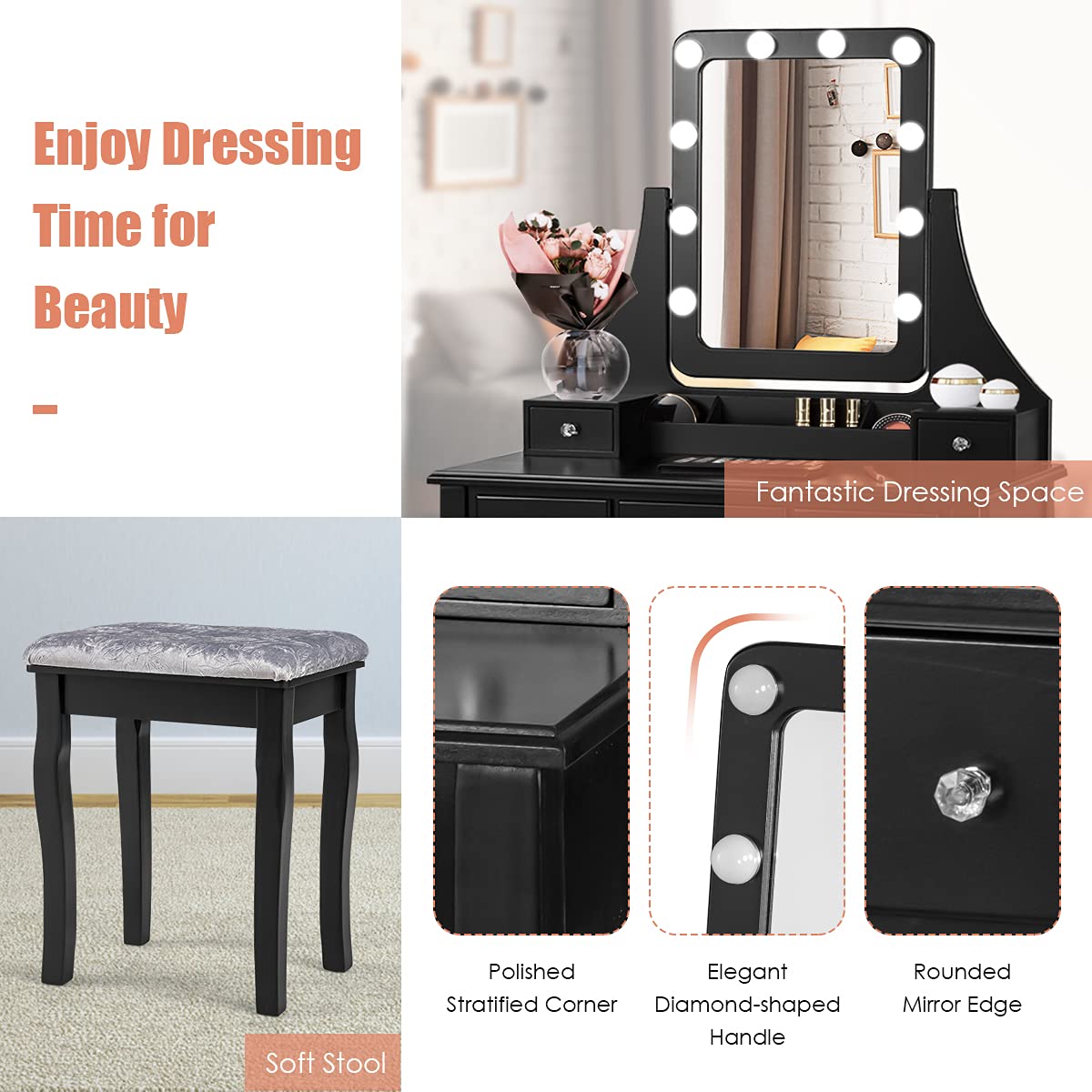 Vanity Table Set with LED Lights 360° Swivel Mirror