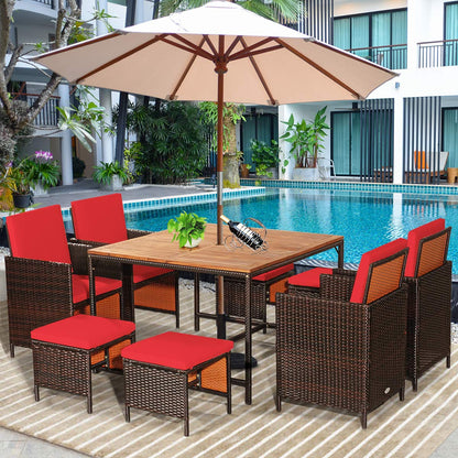 9PCS Patio Rattan Dining Set with Ottomans for Backyard Garden