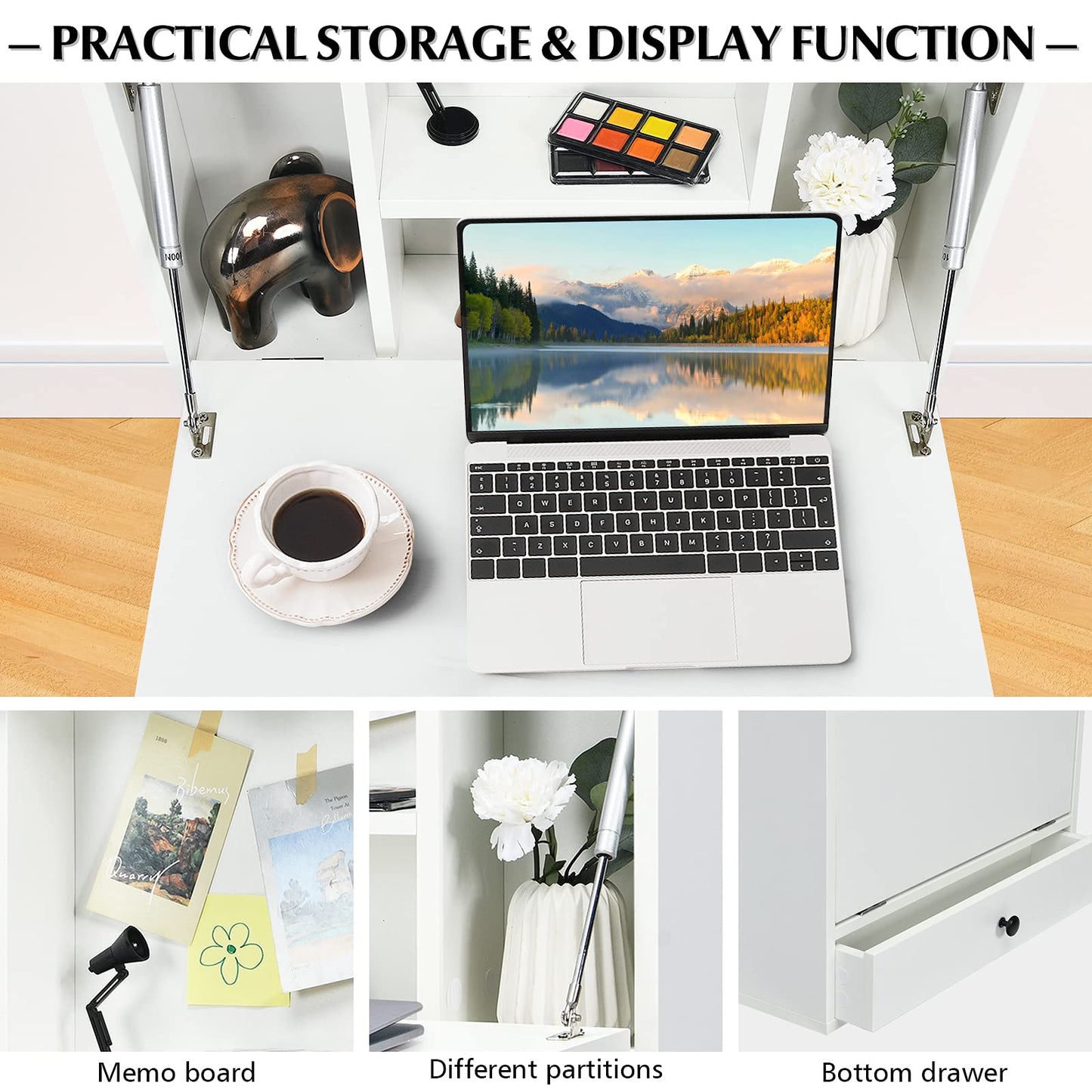 Wall-Mounted Computer Desk Floating Desk with Storage Drawer & Shelves