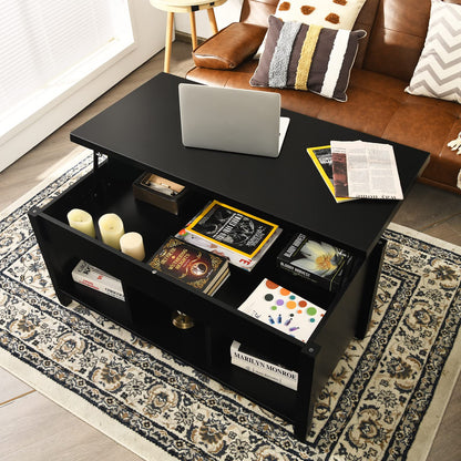 Lift Top Coffee Table with Hidden Storage Compartment & 3 Open Shelves