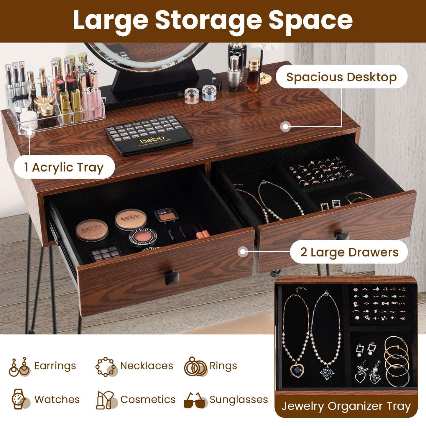 Makeup Dressing Table Set w/ 3 Color Lighting Modes & Adjustable Brightness