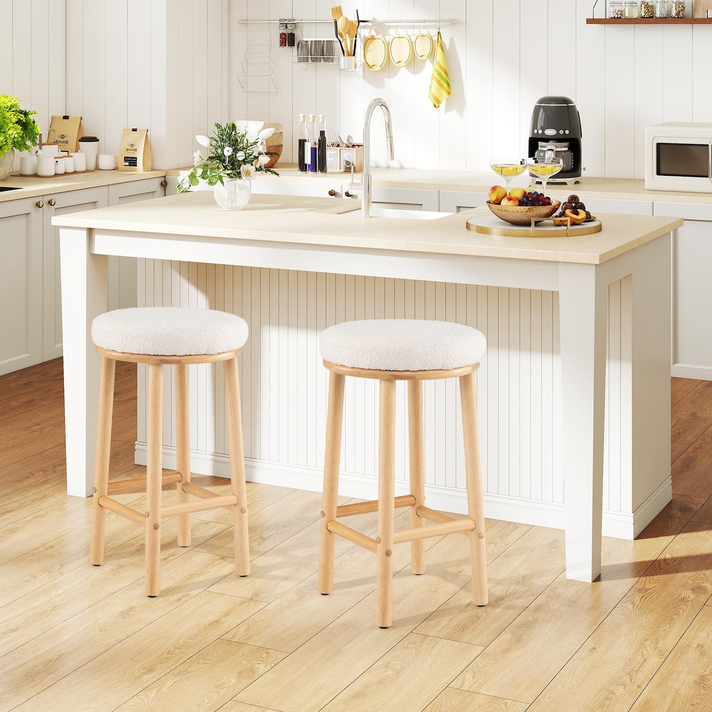 Round Upholstered Bar Stools Set of 2/4 with Boucle Fabric Seats