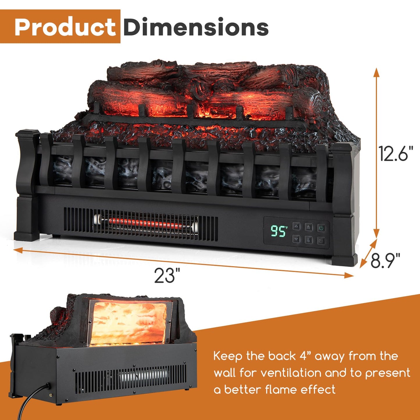 23 Inch Electric Fireplace Heater w/ 5 Level Flame & Brightness