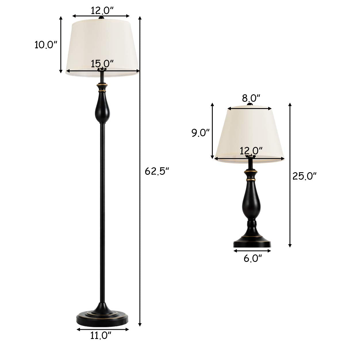 ARLIME 3 Pack Lamp Set, 3-Piece Vintage Metal Base 2 Table Lamps and Floor Lamp Set