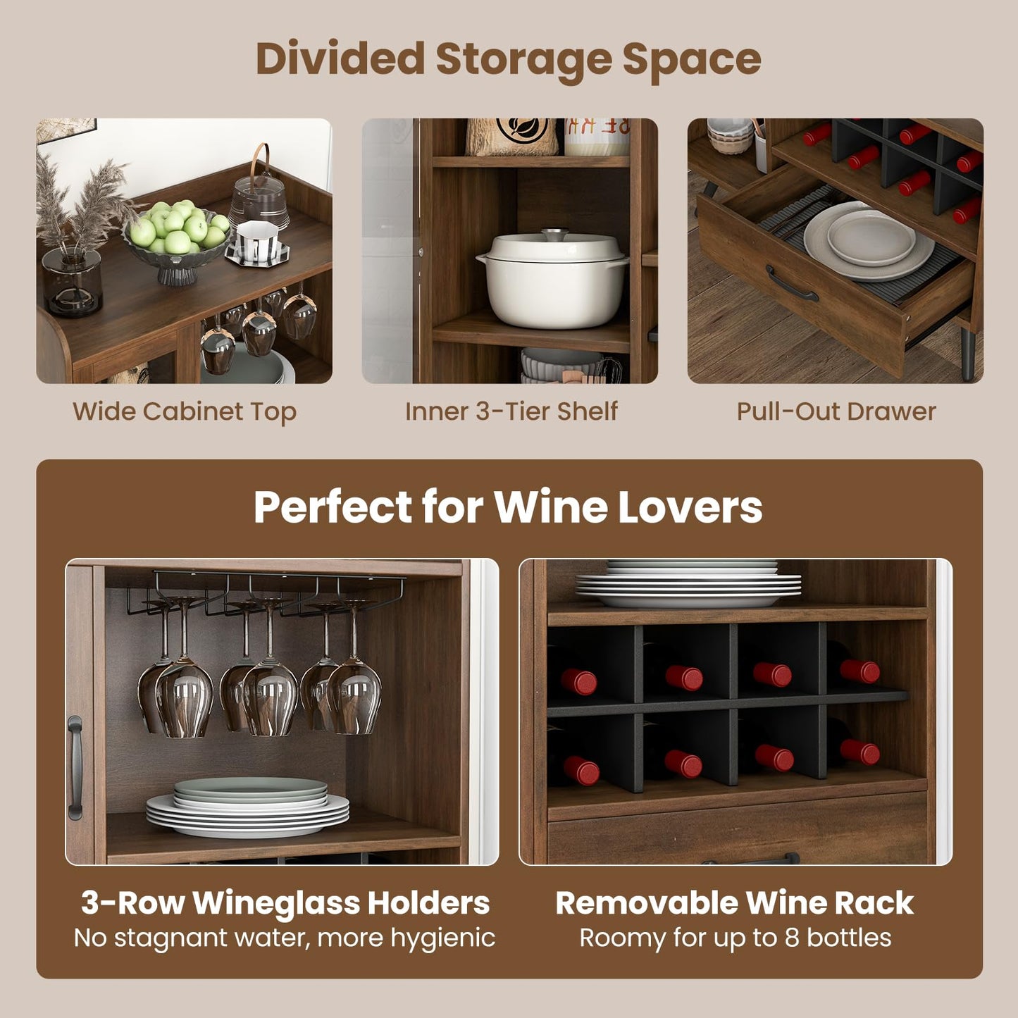 Wine Storage Cabinet with 3 Row Wineglass Holder for Dining Room & Living Room