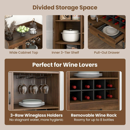 Wine Storage Cabinet with 3 Row Wineglass Holder for Dining Room & Living Room