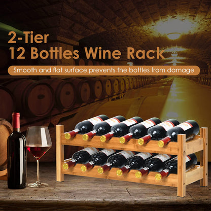 2-Tier 12 Bottles Bamboo Storage Shelf  Wine Rack