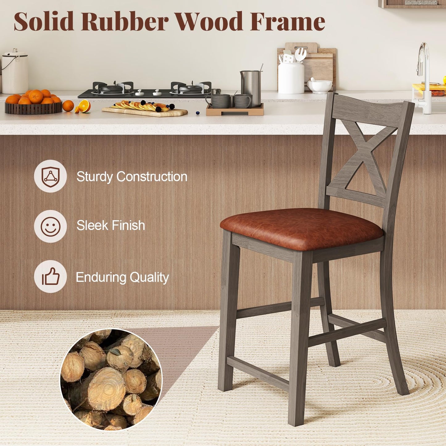 24’’ Counter Height Barstools with Rubber Wood Frame
