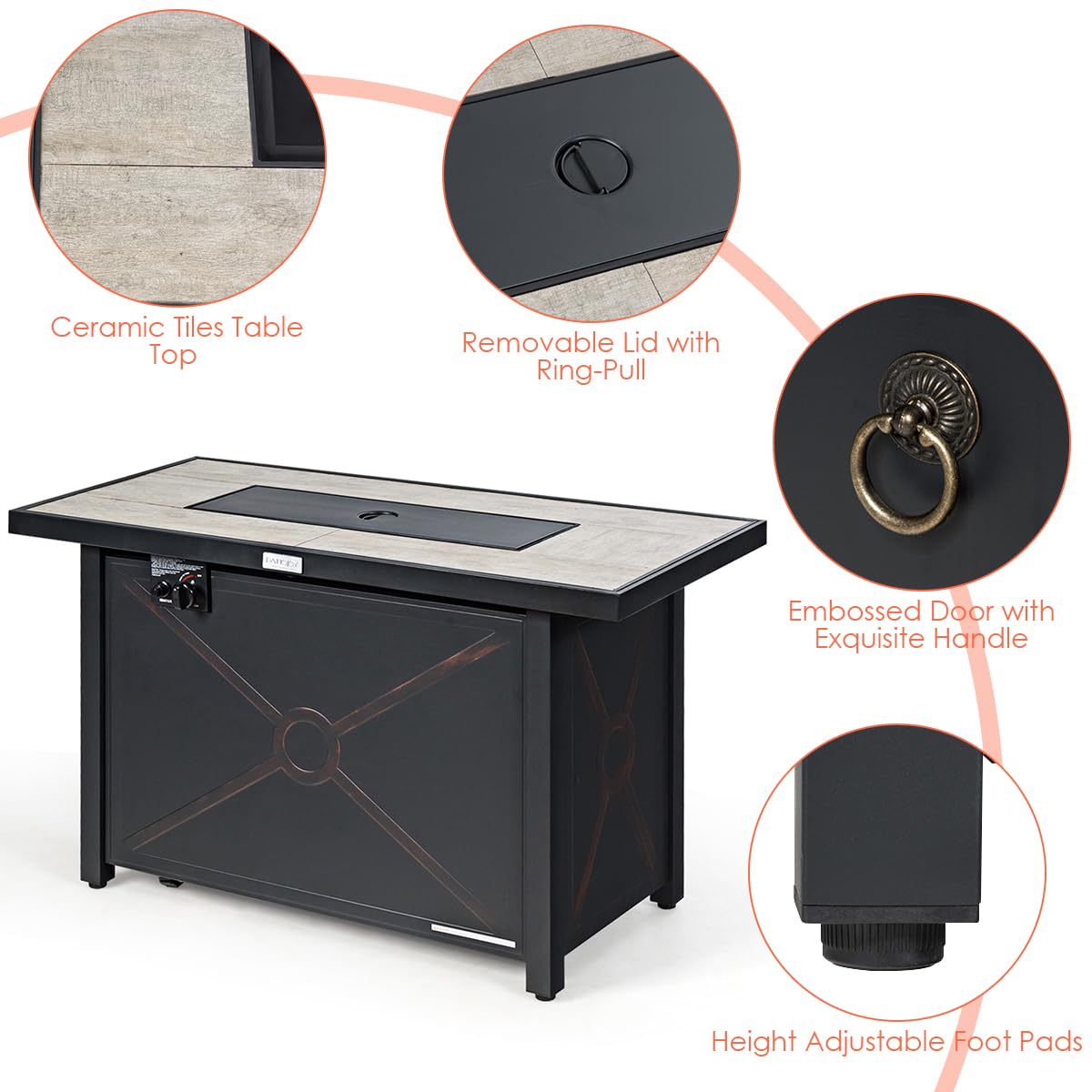 60,000 BTU Outdoor Rectangle Gas Fire Table W/Ceramic Tabletop