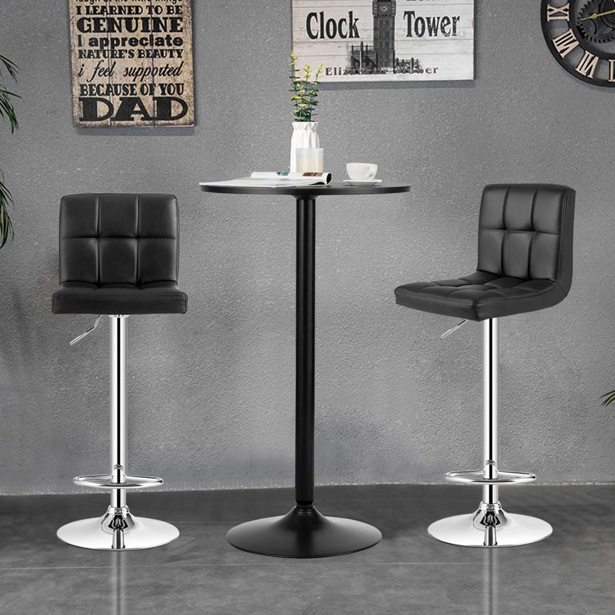 3-Piece Bar Table Set-Round Cocktail Table and PU Leather Adjustable Swivel Chairs