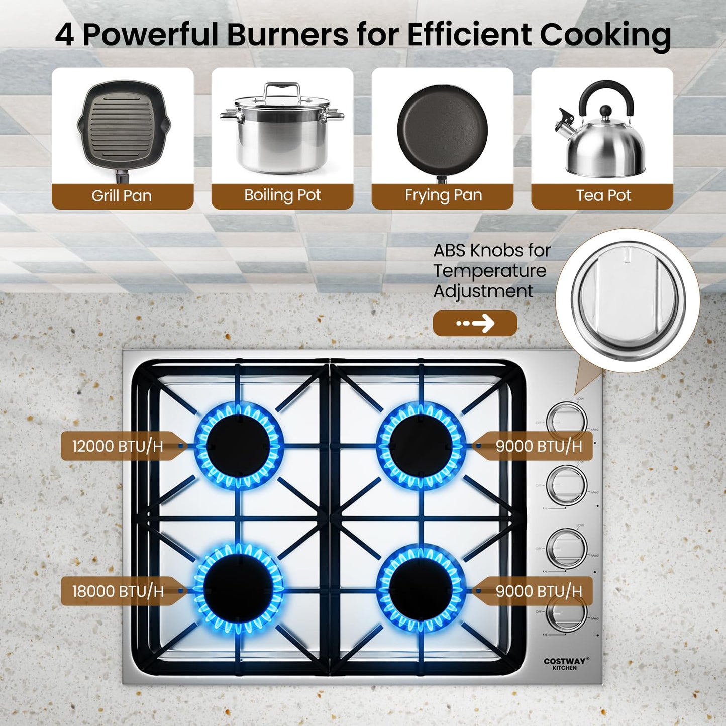 30-inch Gas Cooktop, Stainless Steel Gas Stove Top with 4 Burners, ABS Knobs and Cast Iron Grates