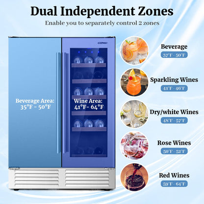 Wine and Beverage Refrigerator, 24 Inch Dual Zone Under Counter Wine Beverage Cooler with Lock
