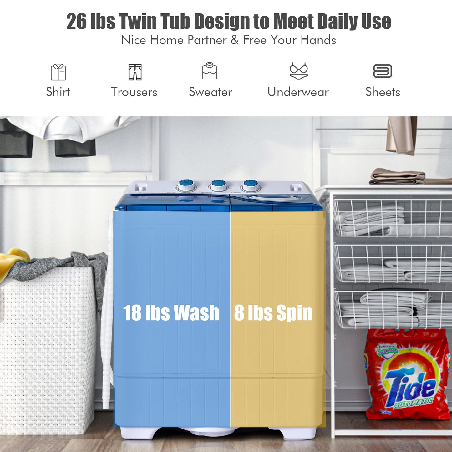 Portable Washing Machine 2 in 1 Twin Tub 26Lbs Capacity Washer(18Lbs) and Spinner(8Lbs) with Control Knobs