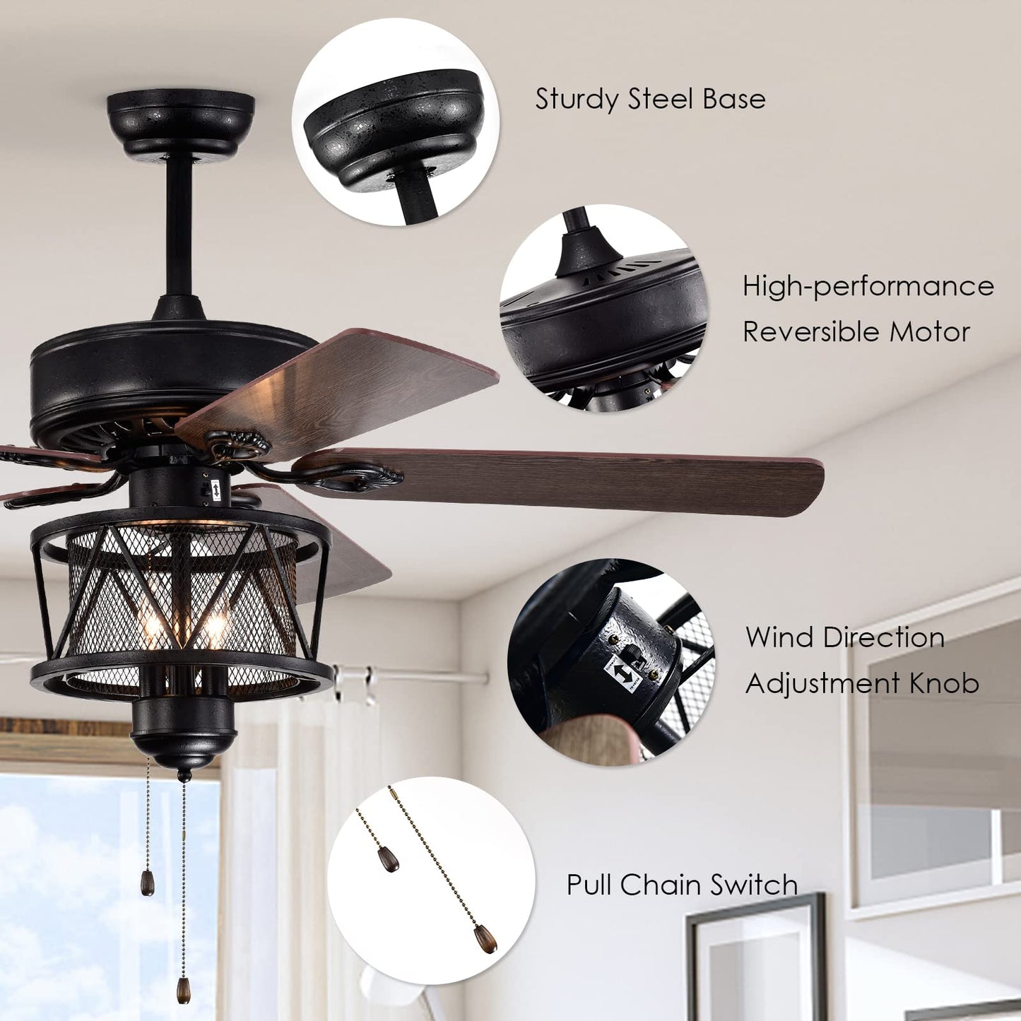 50-Inch Ceiling Fan with Lights, Indoor Ceiling Fan with Pull Chain Control, Mute Motor (Coffee)