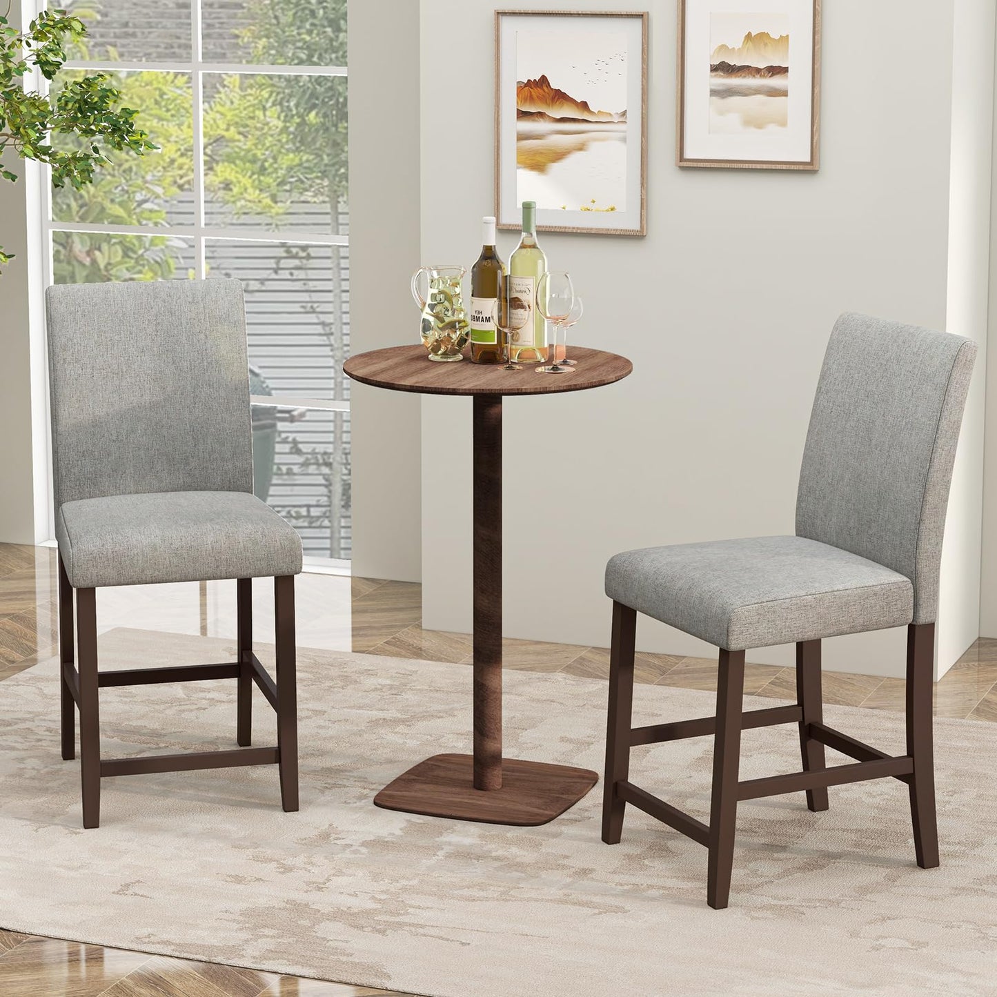 Bar Stools Set of 2/4 Counter Height Bar Stools with Rubber Wood Legs & Ergonomic Back