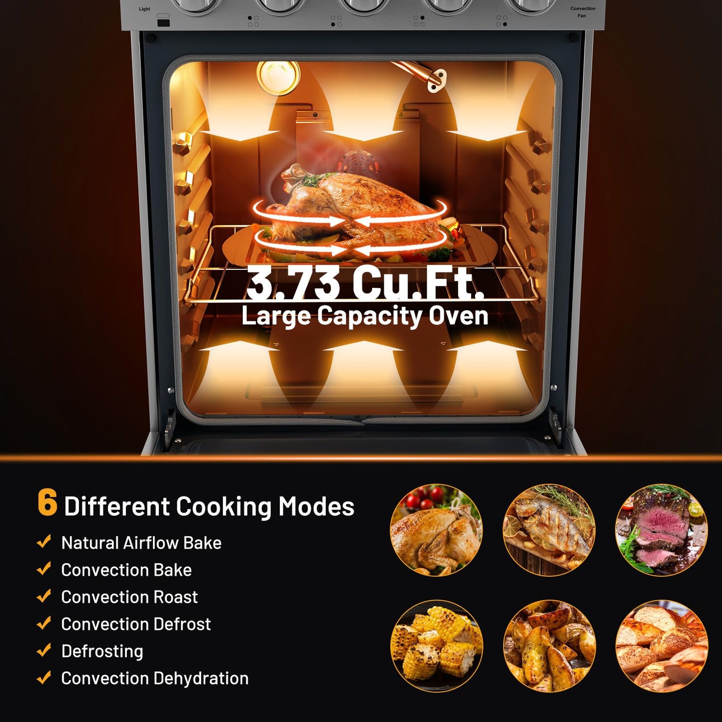 24 Inches Natural Gas Range, with 4 Burners Cooktop & 3.73 Cu.Ft. Convection Oven, Storage Drawer