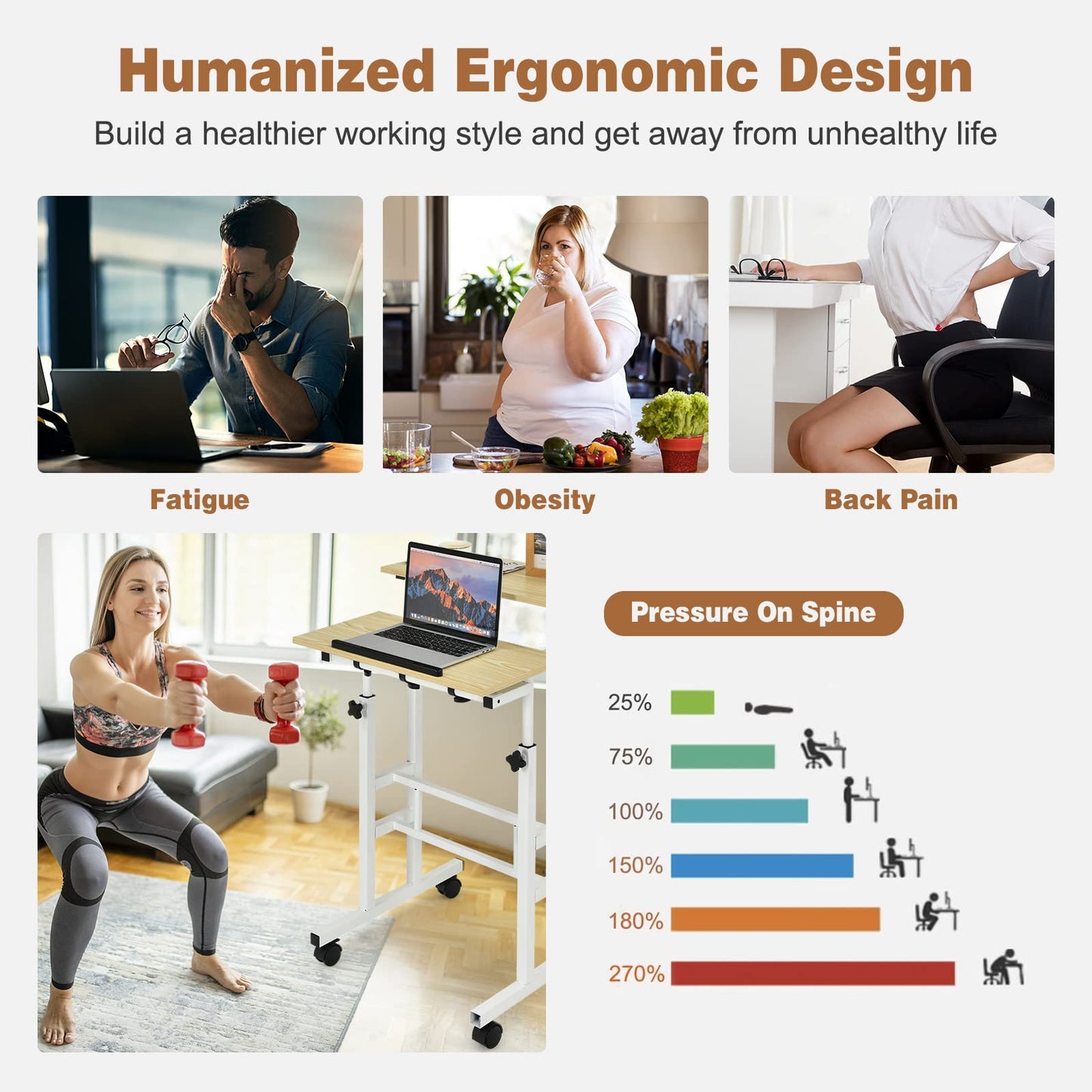 Height Adjustable Rolling Laptop Cart w/Tilting Desktop for Standing or Sitting