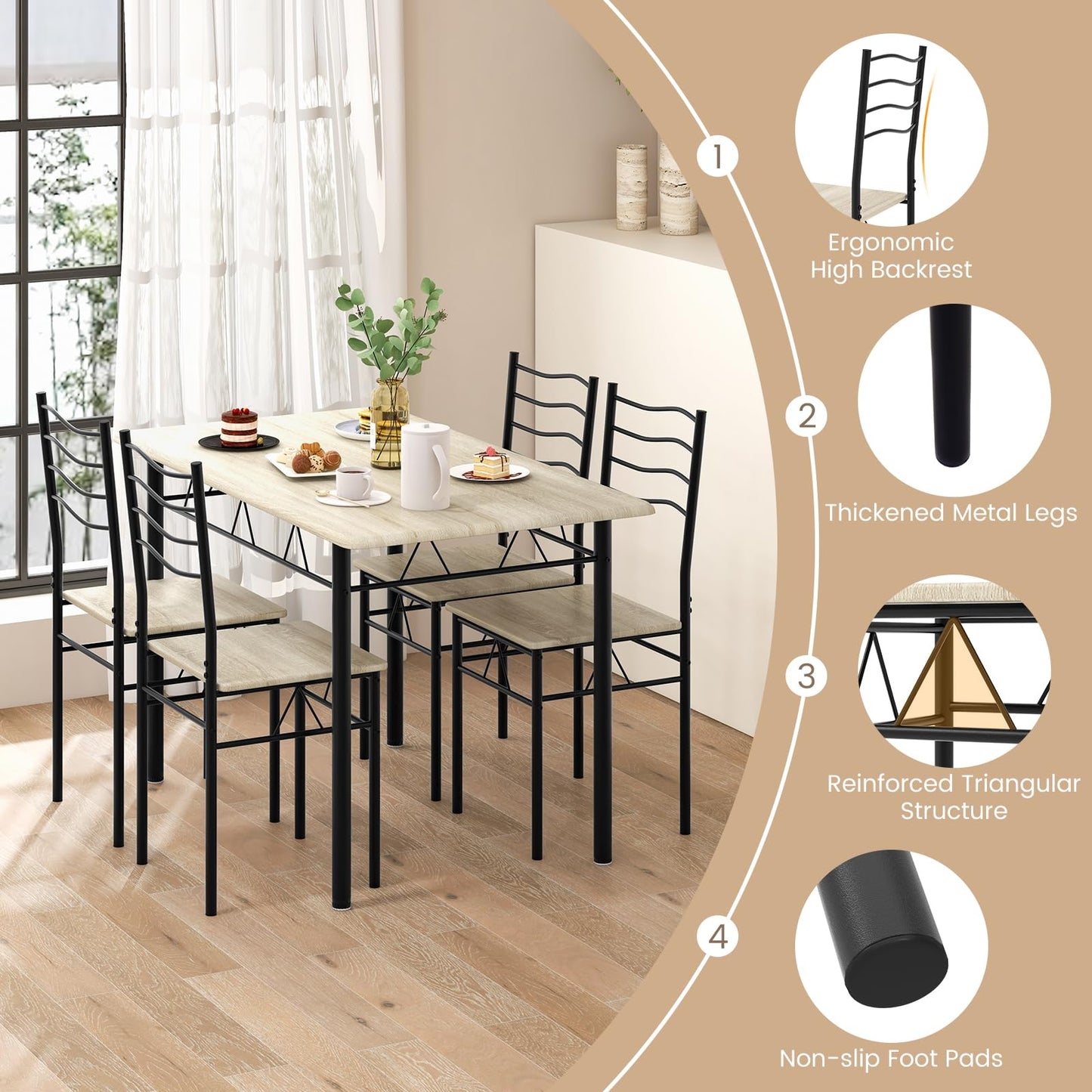 5 Piece Metal Rectangular Dinette Set w/Non-Slip Pad