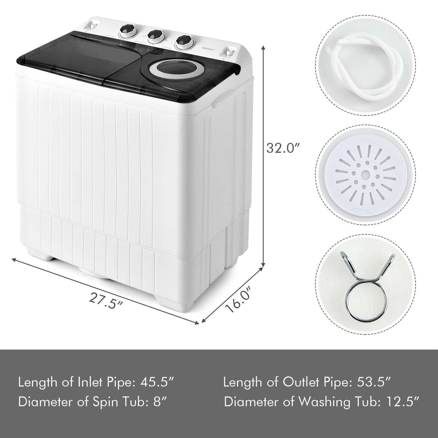 Portable Washing Machine 2-in-1 Twin Tub 26lbs Capacity Laundry Washer(18lbs) and Spinner(8lbs) with Control Knobs