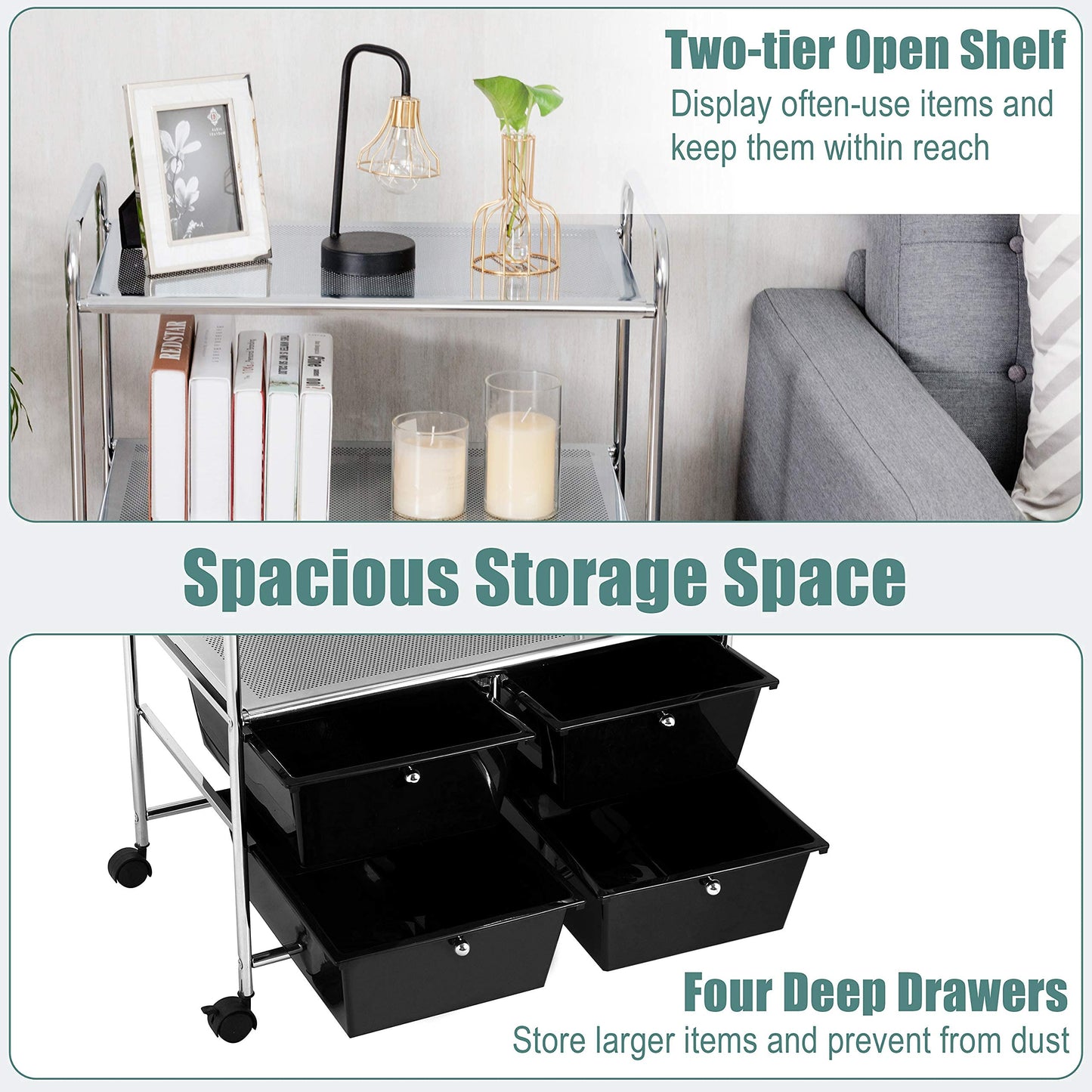 ARLIME 4-Drawer Storage Cart, 4 Drawer 2 Shelves Trolley, Rolling Organizer Cart