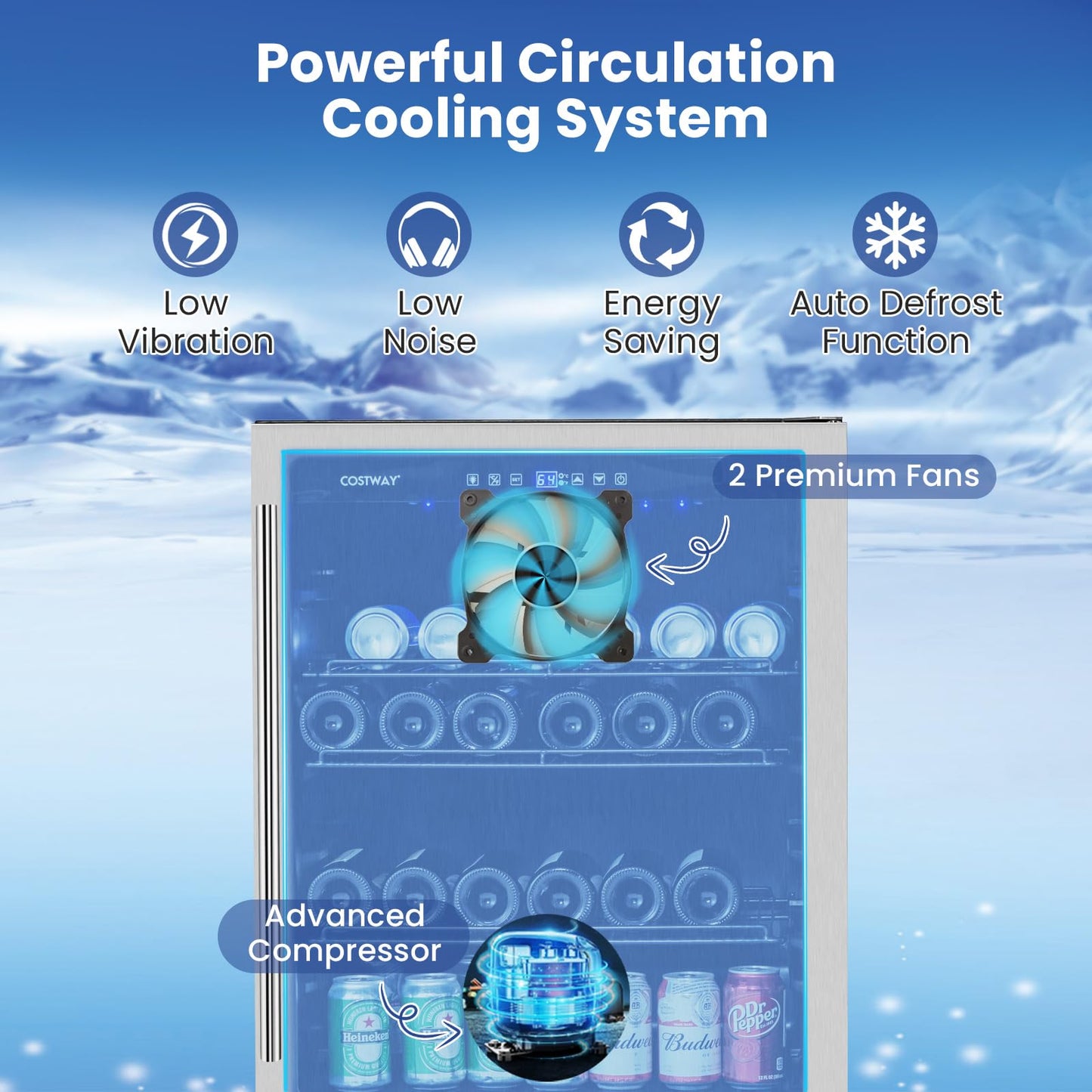 24 Inch Beverage Fridge, 190 Cans Under Counter Drink Fridge w/Stainless Steel Door & Removable Shelves