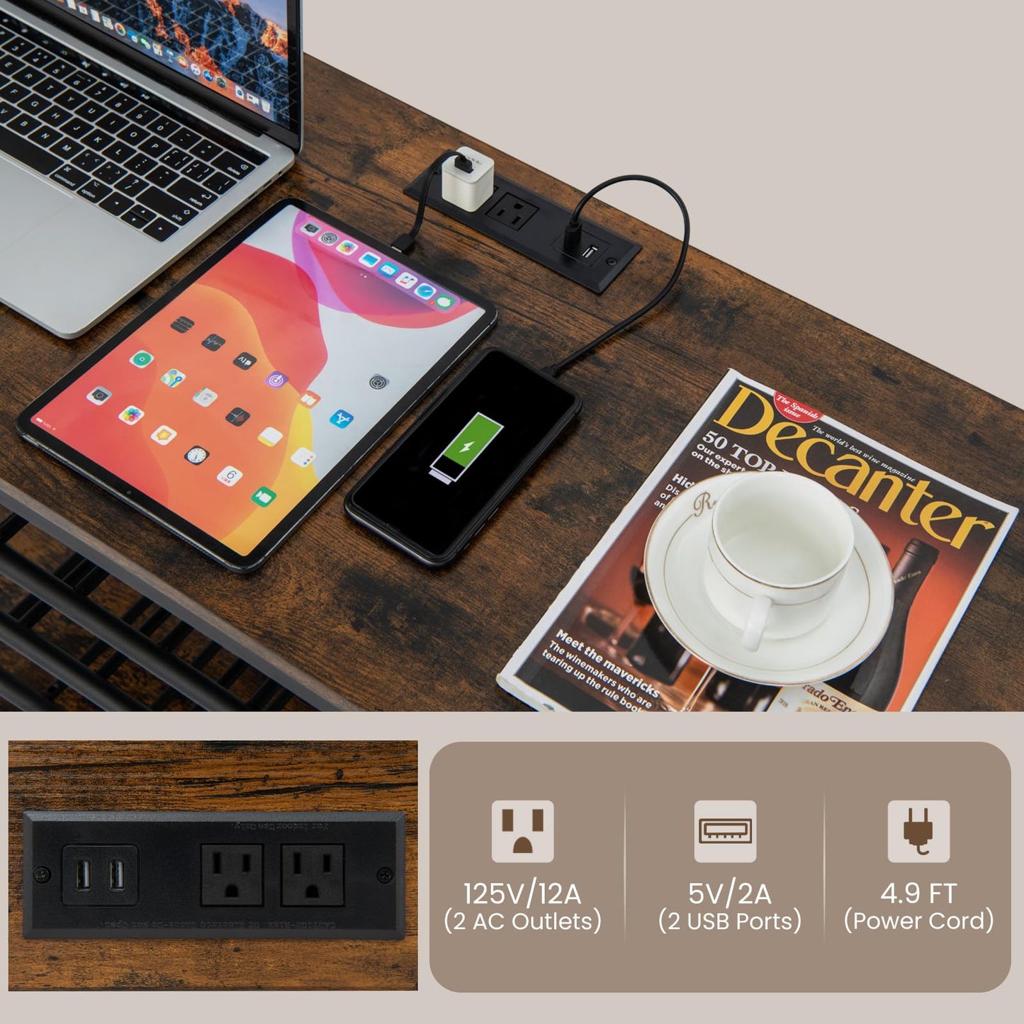 Wine Bar Cabinet 3-Tier Liquor Cabinet with Power Outlets