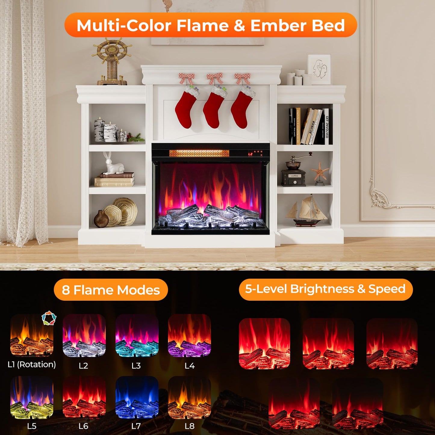 23 Inch 3-Sided Electric Fireplace 1500W Recessed Fireplace Insert w/ 7-Color Flame & Adjustable Brightness