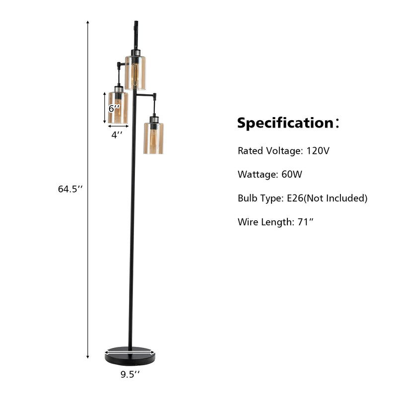 ARLIME 3 Lights Floor Lamp, Retro Floor Lamp with 3-Head Hanging Amber Glass Shade