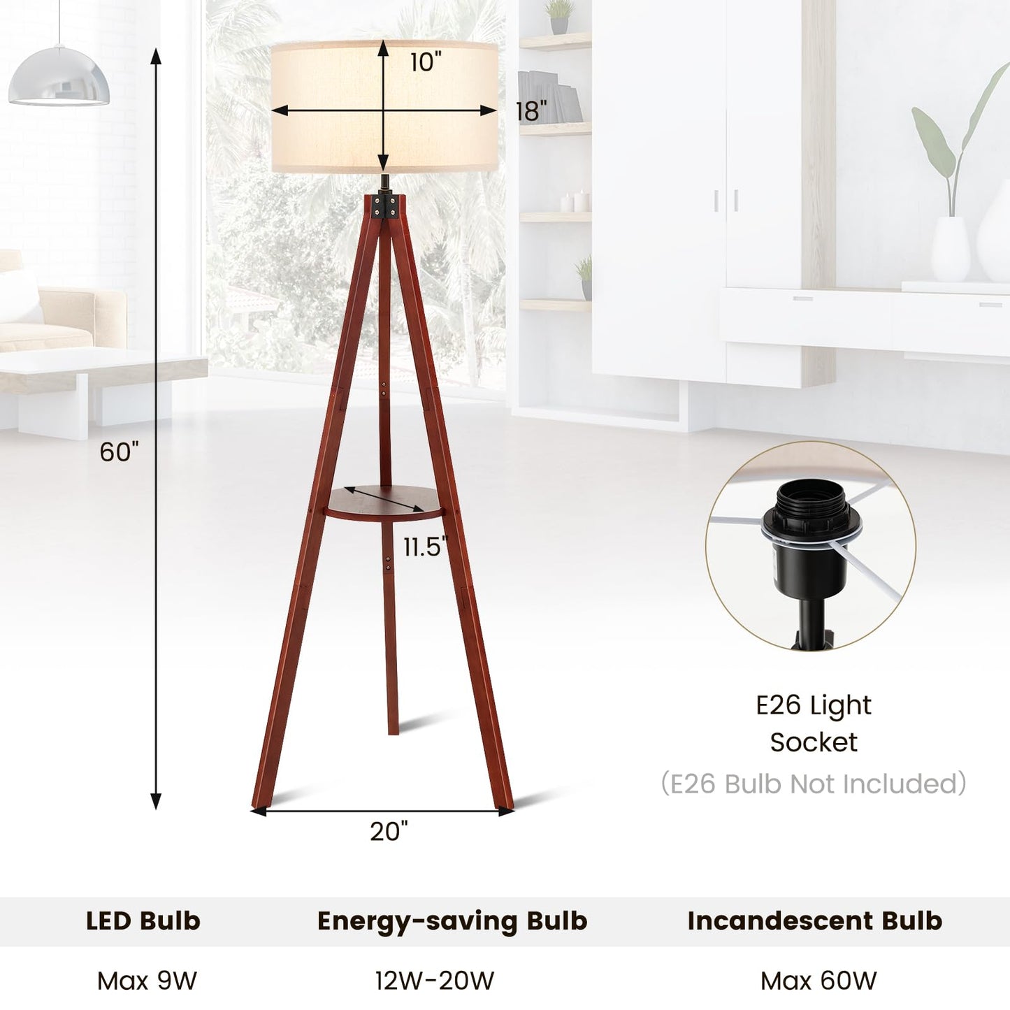 ARLIME Tripod Floor Lamp, Mid Century Wood Standing Lamp with Storage Shelves