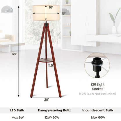 ARLIME Tripod Floor Lamp, Mid Century Wood Standing Lamp with Storage Shelves