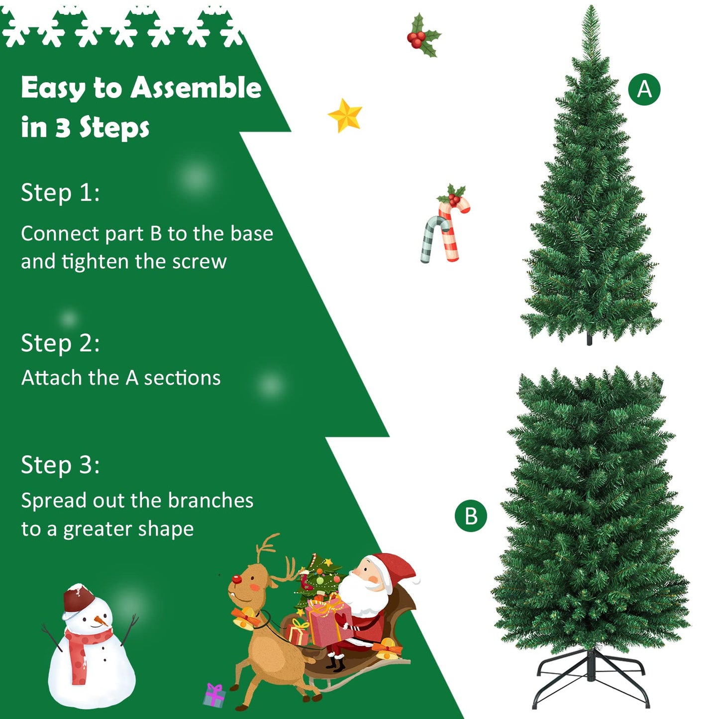 6FT Pencil Christmas Tree Slim Skinny Hinged Pine Tree with PVC Material