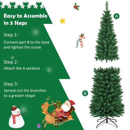 6FT Pencil Christmas Tree Slim Skinny Hinged Pine Tree with PVC Material