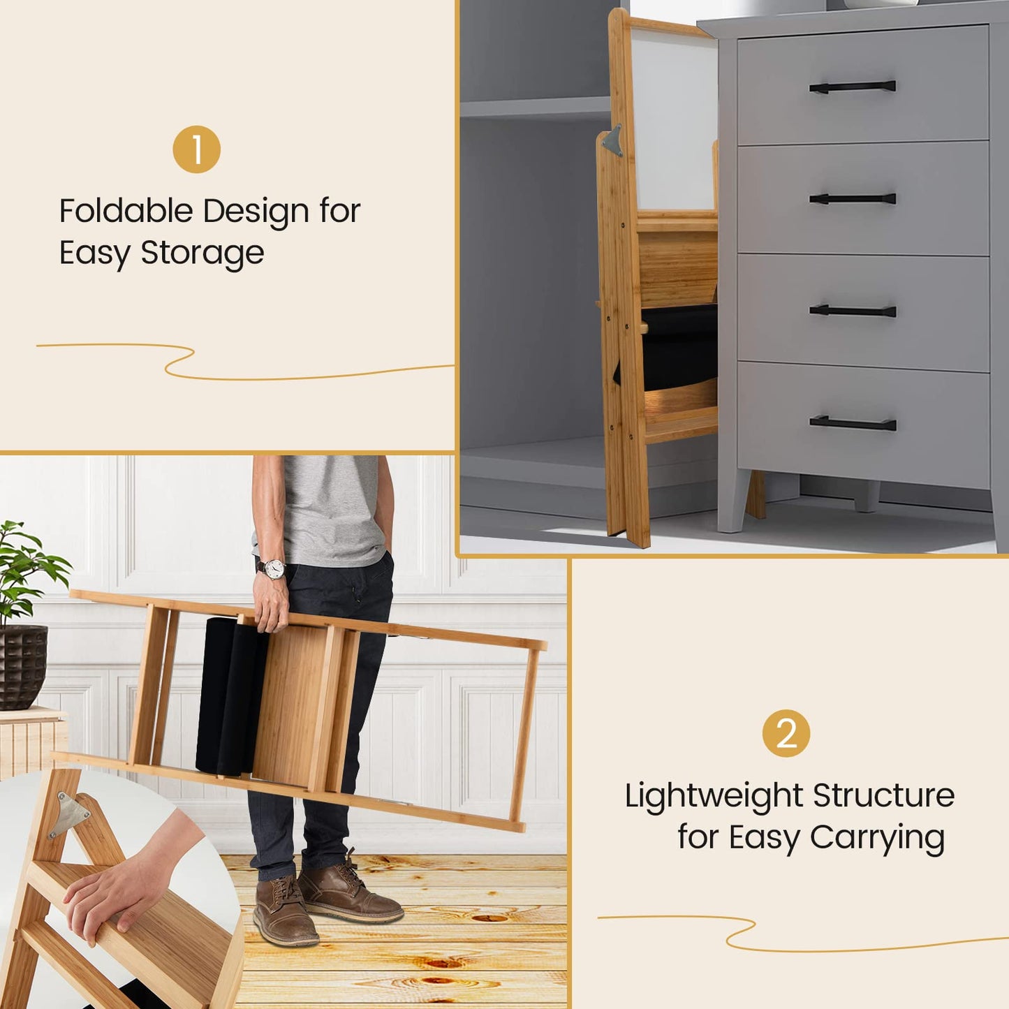 ARLIME 3 Step Bamboo Ladder Folding Step Stool with Storage Bag