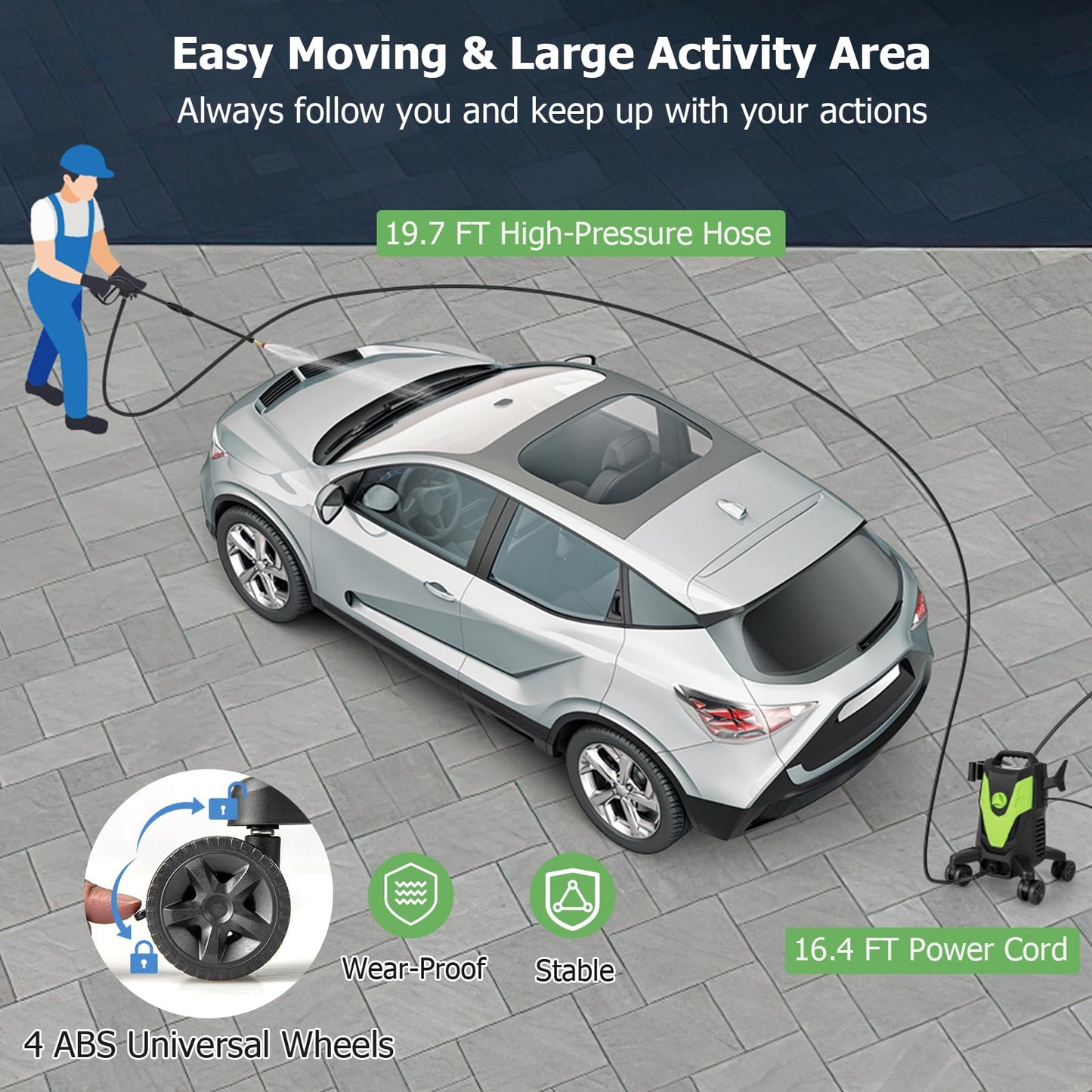 Electric Pressure Washer with 4 Universal Wheels, 2400 PSI High Pressure Cleaner Machine with 4 Nozzles and Soap Bottle