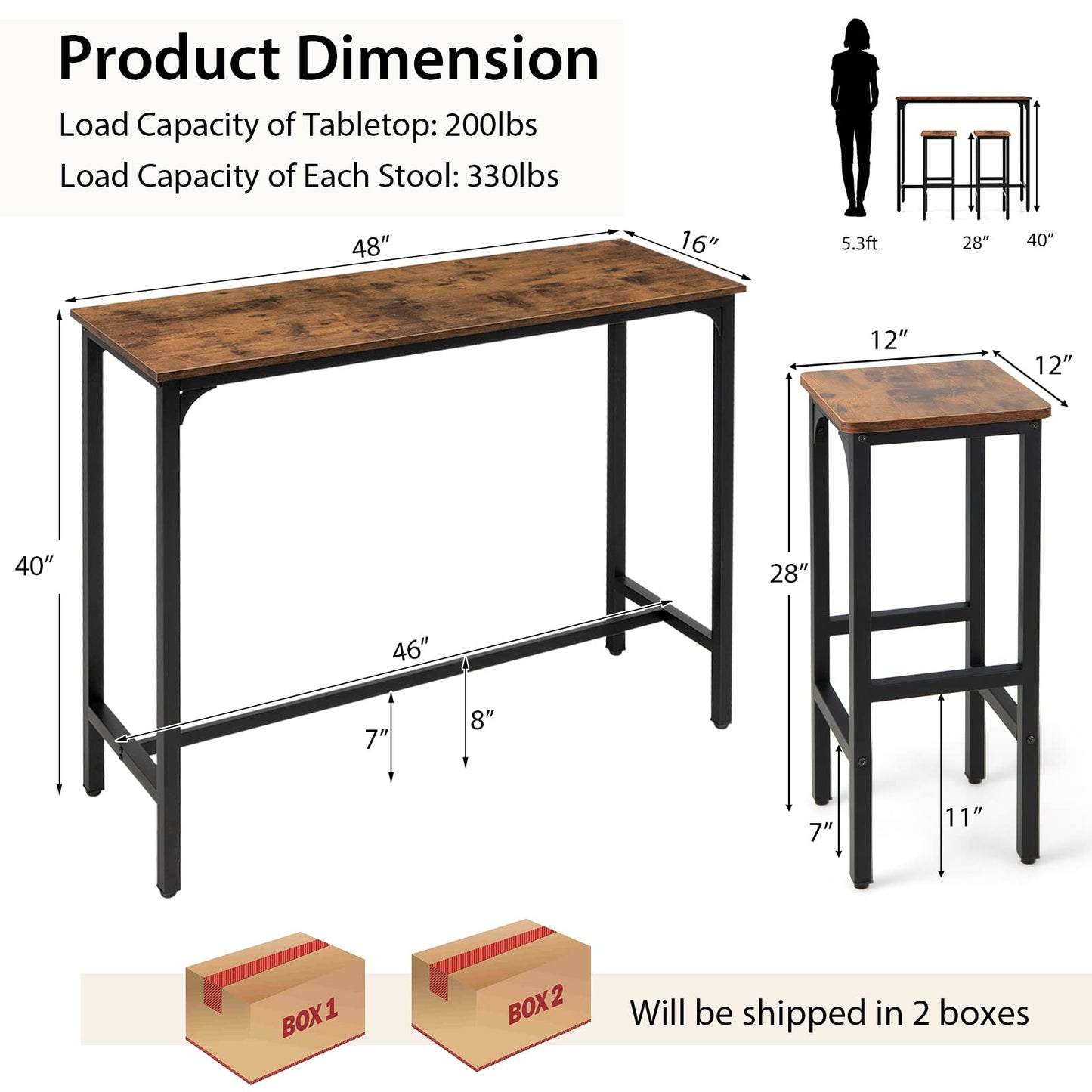 3-Piece Industrial Bar Table Set for 2 Counter Height Pub Table with 2 Stools