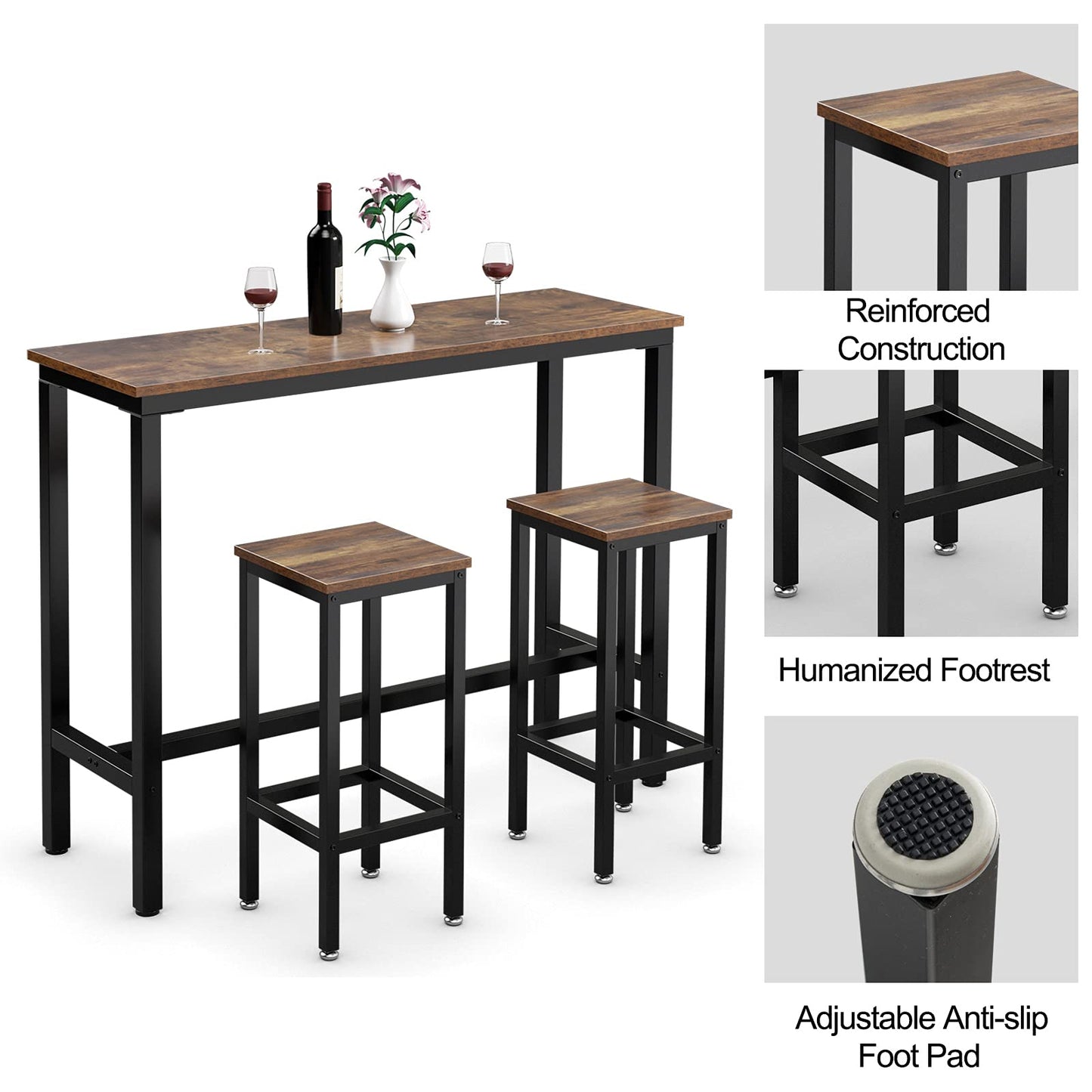 3-Piece Bar Table Set 39.5” Bar Table with 2PC 28” Bar Stools