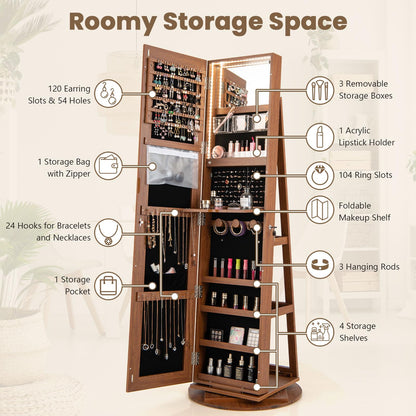 360° Rotating Mirrored Jewelry Cabinet Armoire 3 Color LED Modes Lockable