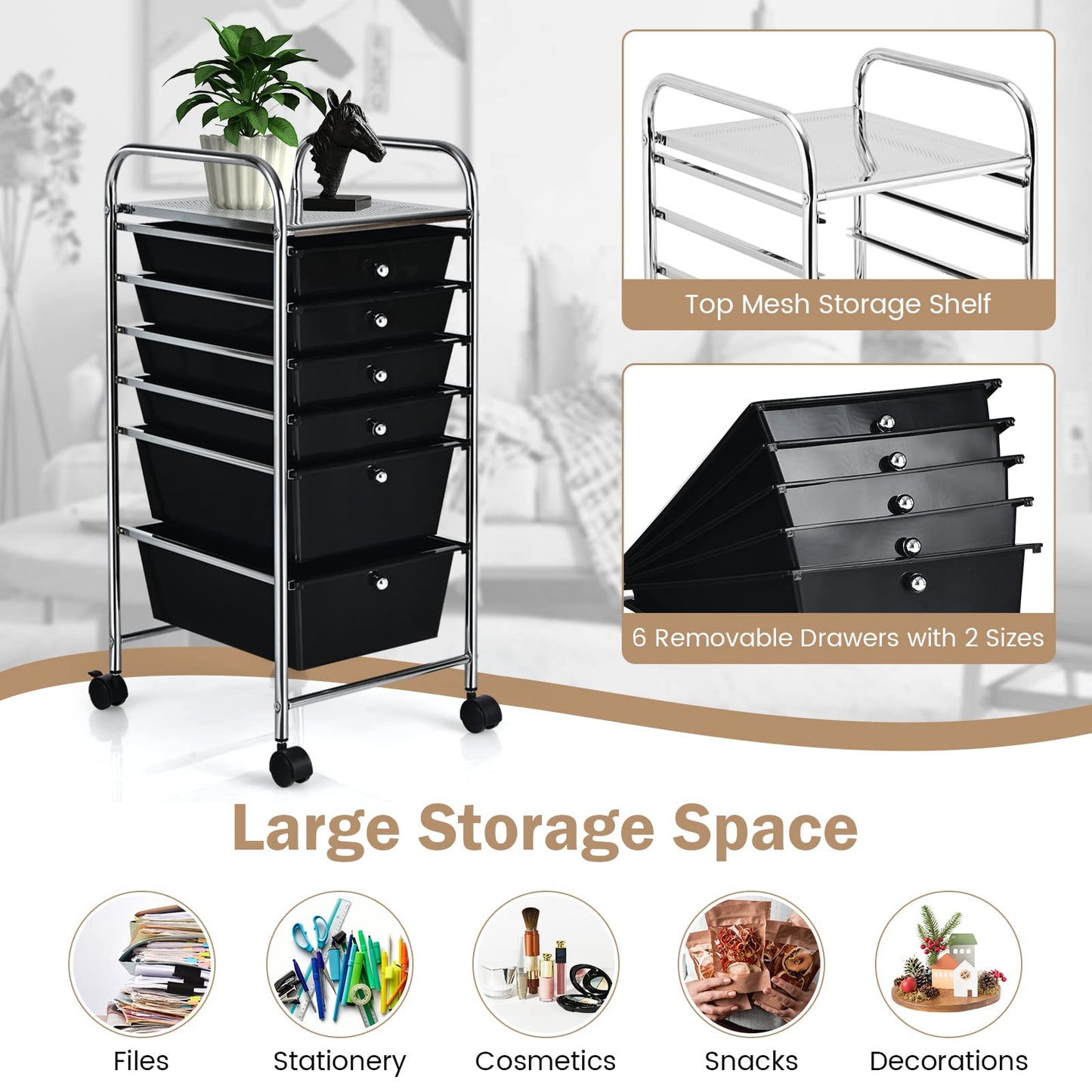 6-Drawer Rolling Storage Cart Multifunctional Art Craft Tools Organizer on Wheels