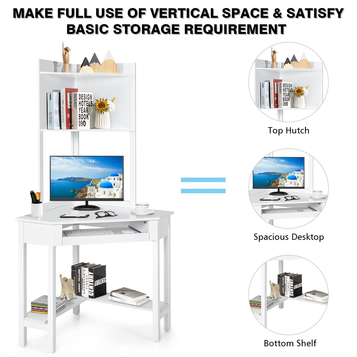 Corner Desk with Keyboard Tray & Bottom Shelves for Small Space