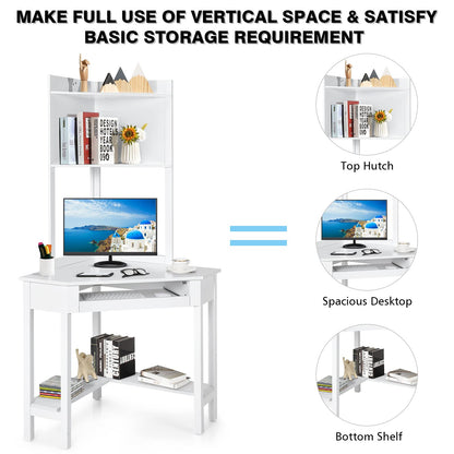 Corner Desk with Keyboard Tray & Bottom Shelves for Small Space